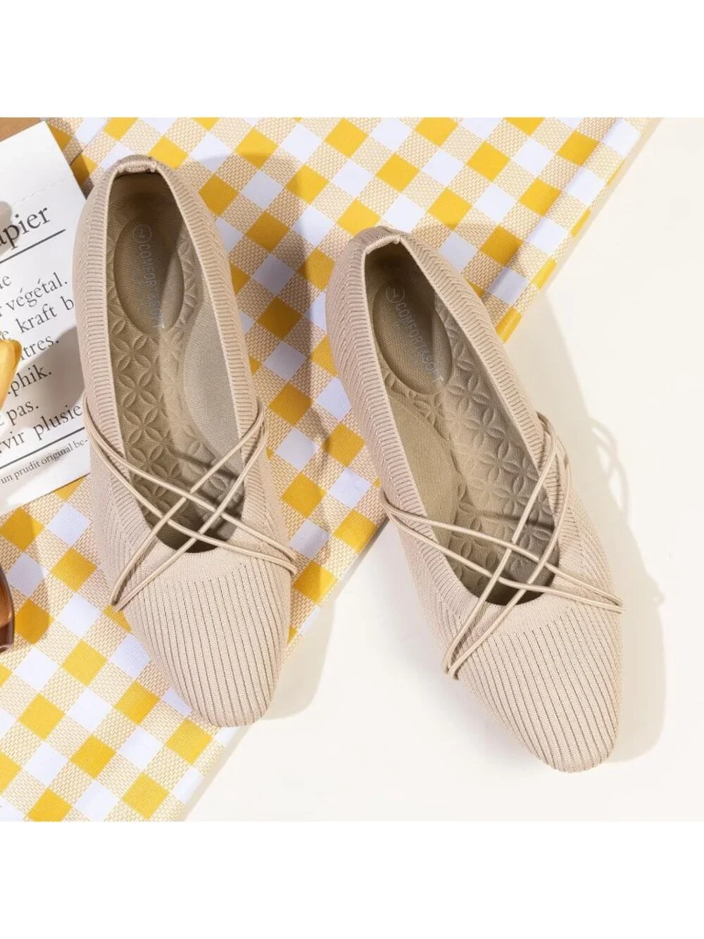 Women's Nude Square Toe Flats Comfortable Knit Ballet Flats with Cross Strap